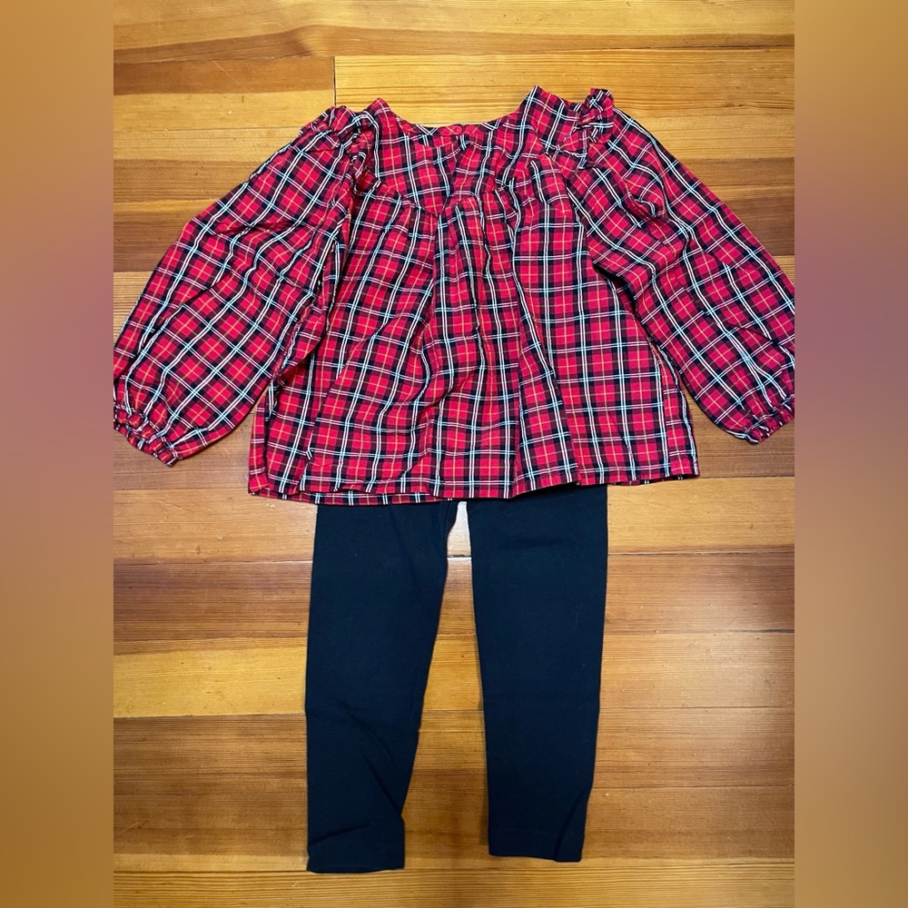 Old Navy 3T Red Plaid Long Sleeve Top and Black Leggings Set holiday Christmas